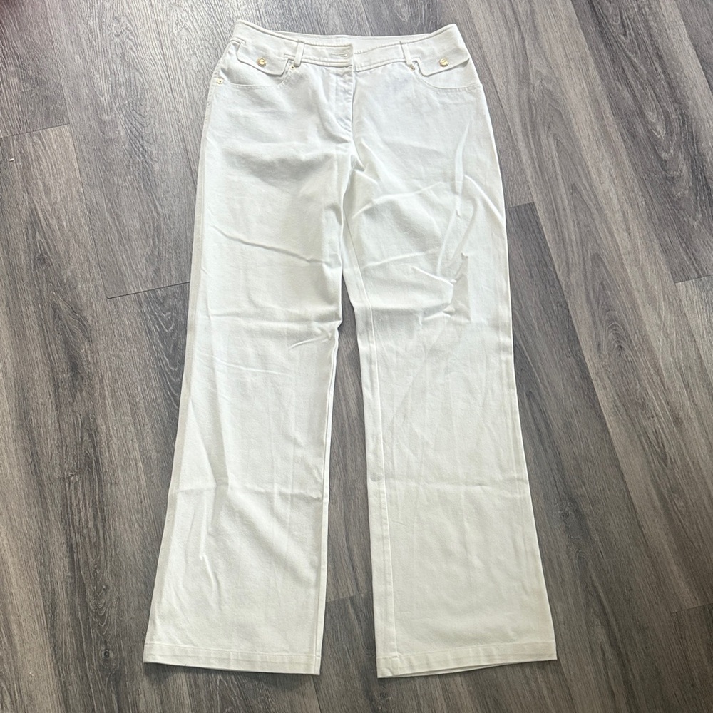 St John White Wide Leg Pants 8 Stretch Women’s High rise Flare Cotton